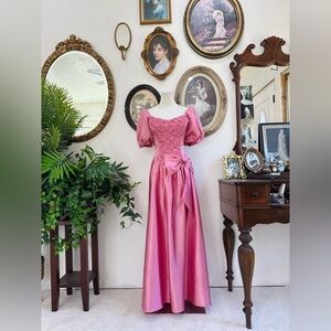 Vintage Pink Satin Puff Sleeve Gown